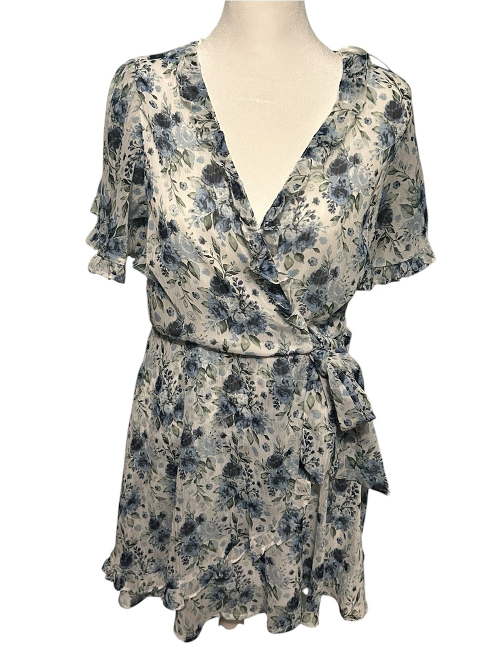 Miami for Francesca Blue Floral Wrap Dress with Ruffle Sleeves